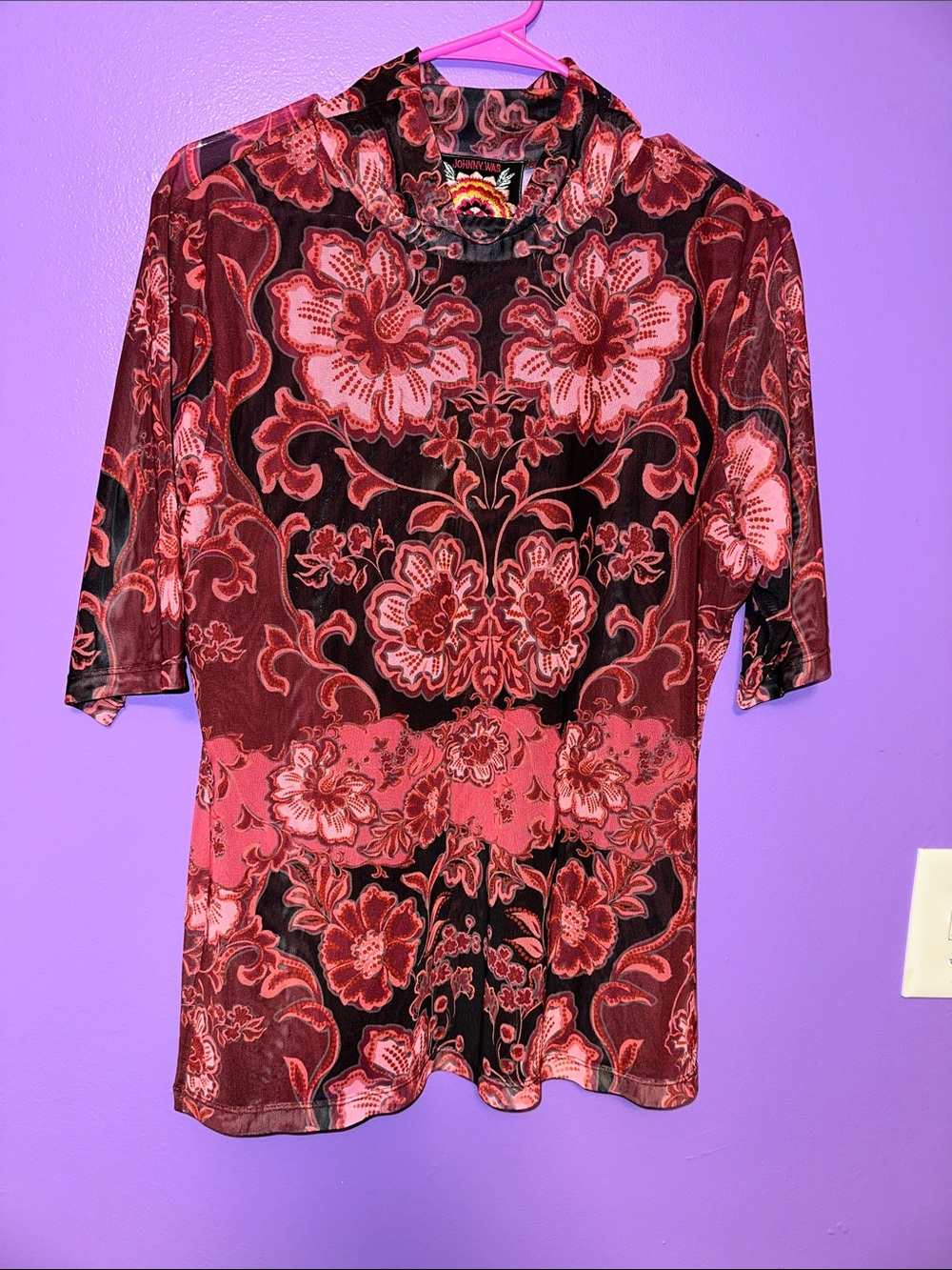 Johnny Was mesh Floral Mock-Neck Tunic in Pink and Burgundy